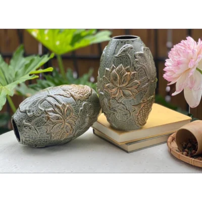 Bình gốm Bát Tràng vân nổi họa tiết cá chép hoa sen trên nền men lam chảy vintage cắm hoa decor làm quà tặng