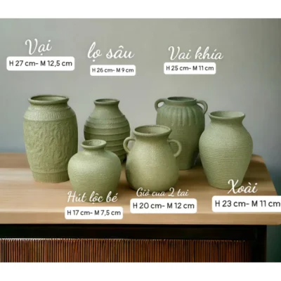 Lọ hoa decor vân ganh men sôi rustic xanh pastel gốm Bát Tràng